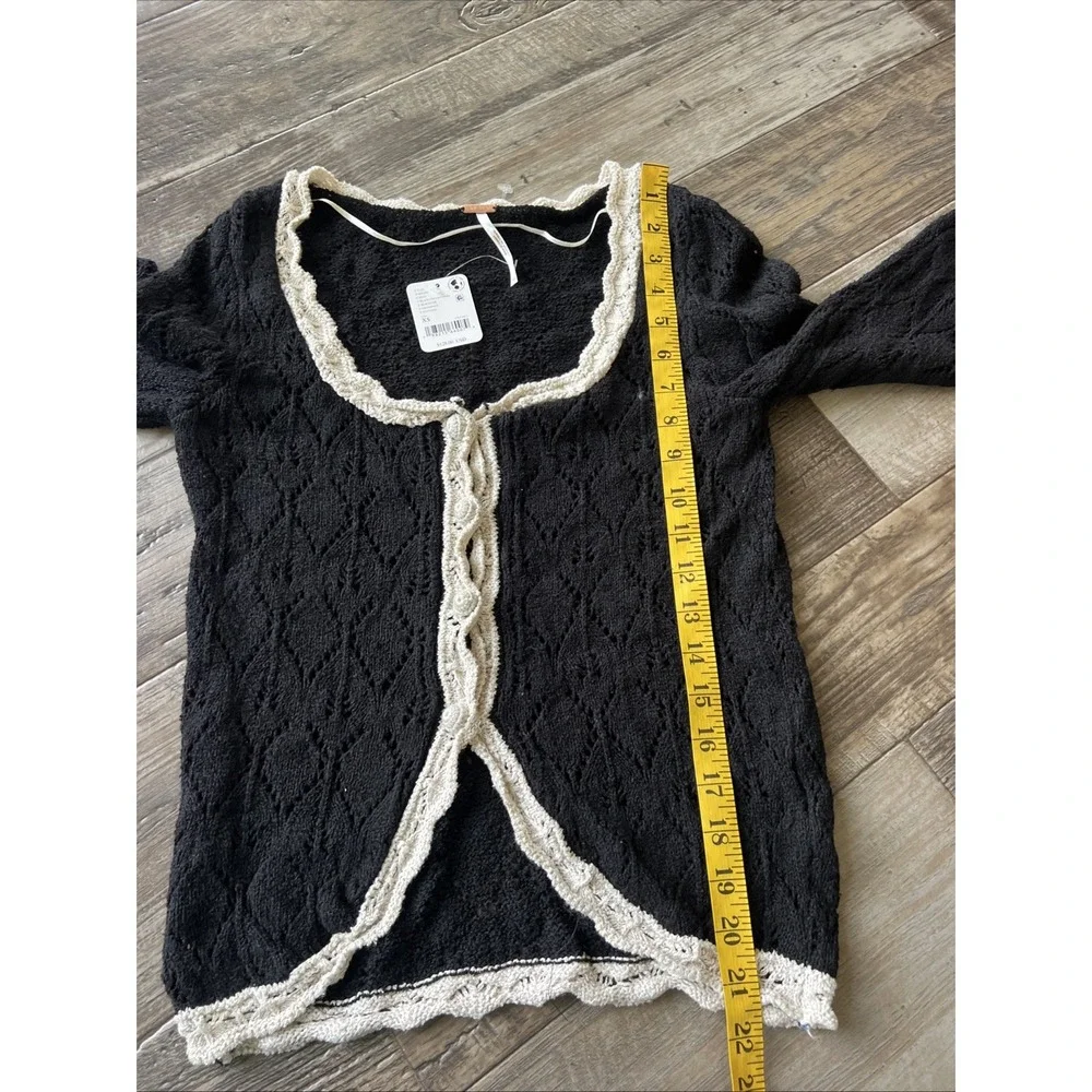 Free People Womens Cardigan XS Black Adelene Linen Crochet Pointelle Cottage Boh